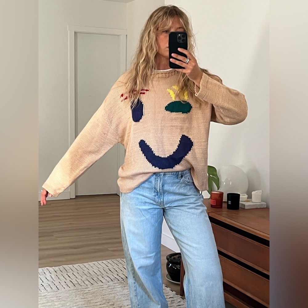 Beige knit sweater with Smile Design